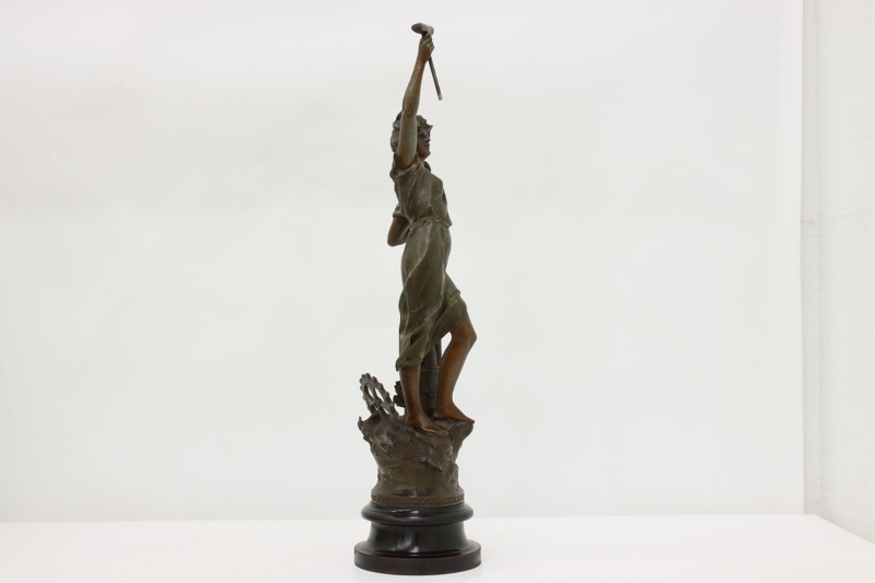 Sculpture Woman of Industry French Antique Bronze Tiered Base
