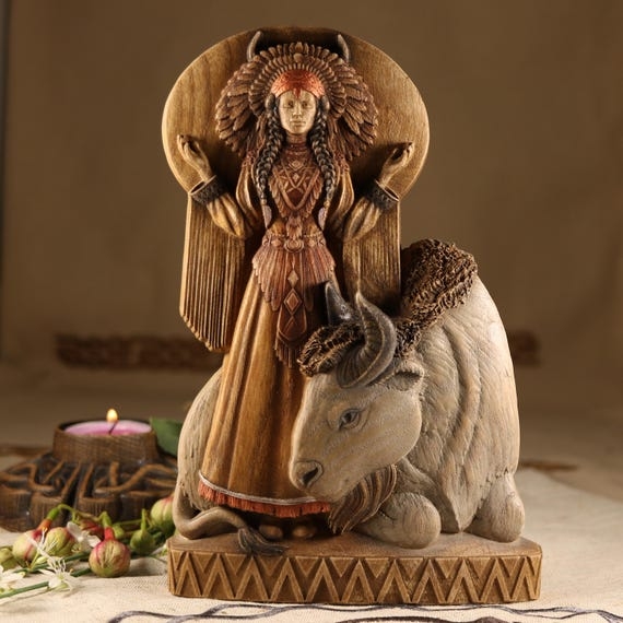 Sculpture Wood Hand-Carved Buffalo Maiden Rustic Artisan Decor