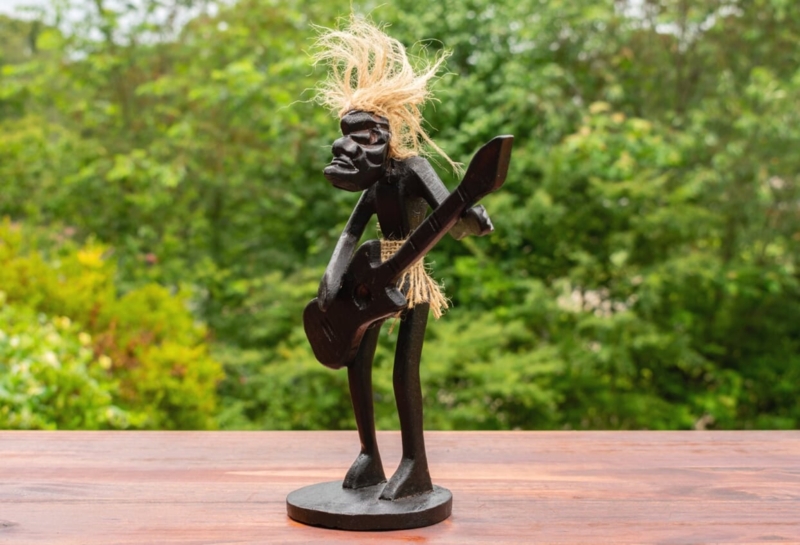 Sculpture Wood Tribal Guitarist Subject Hand Carved Matte Finish