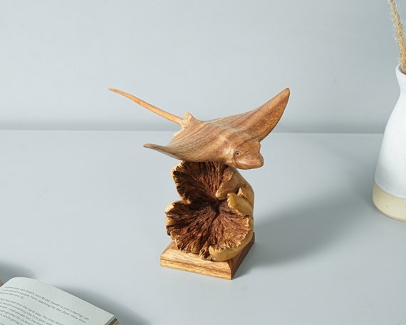 Sculpture Wooden Eagle Ray Figurine Contrasting Wood Tones Matte
