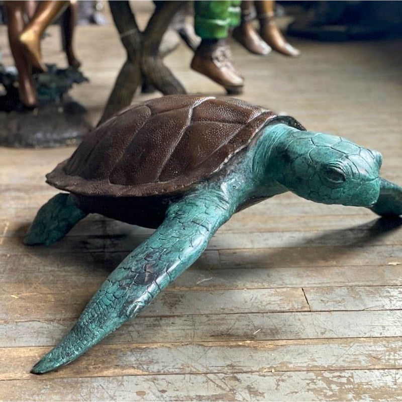 Sea Turtle Sculpture Realistic Anatomy Verdigris Patina Bronze Textured