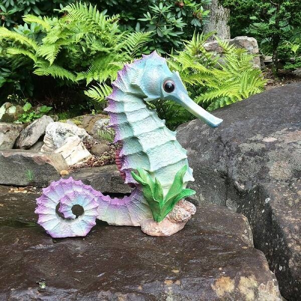 Seahorse Statue Driftwood Finish Ribbed Texture Coastal Decor
