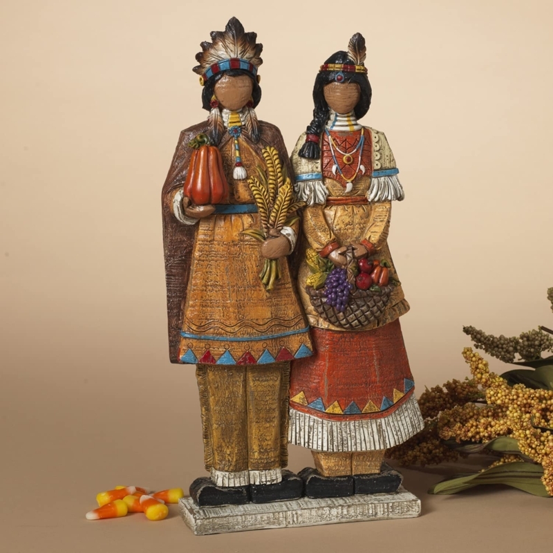 Seated Native American Couple Figurine with Rustic Wood-Look Texture