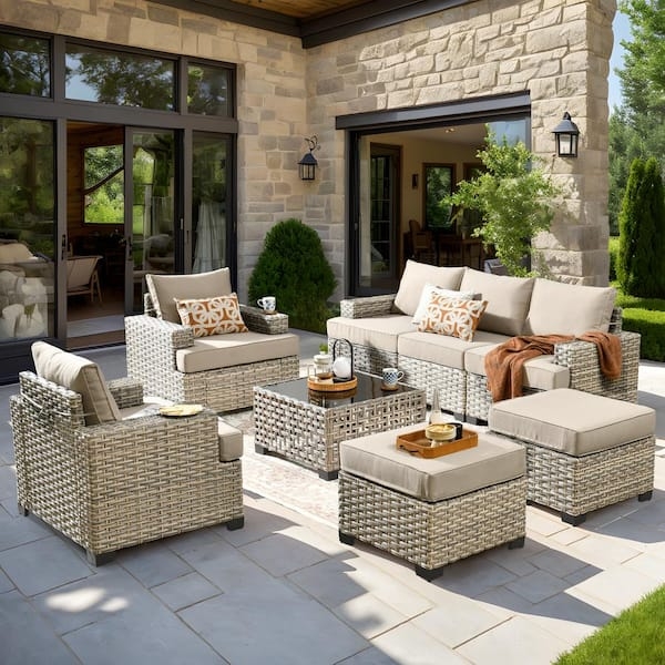 Sectional Sofa 8 Piece Modular Wicker LED Table Glass Top