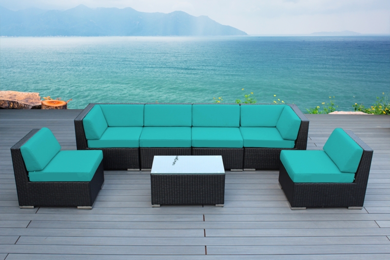 Sectional Sofa Espresso Wicker Modular U-Shape Glass Top Table