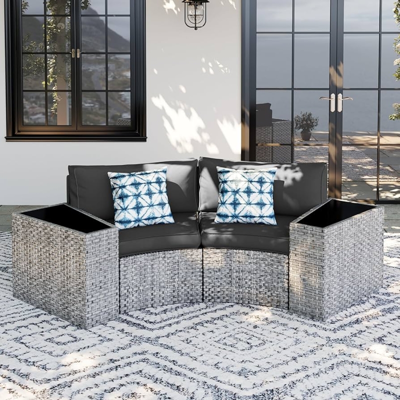 Sectional Sofa Gray Woven Wicker Half Moon Shape Modular Design