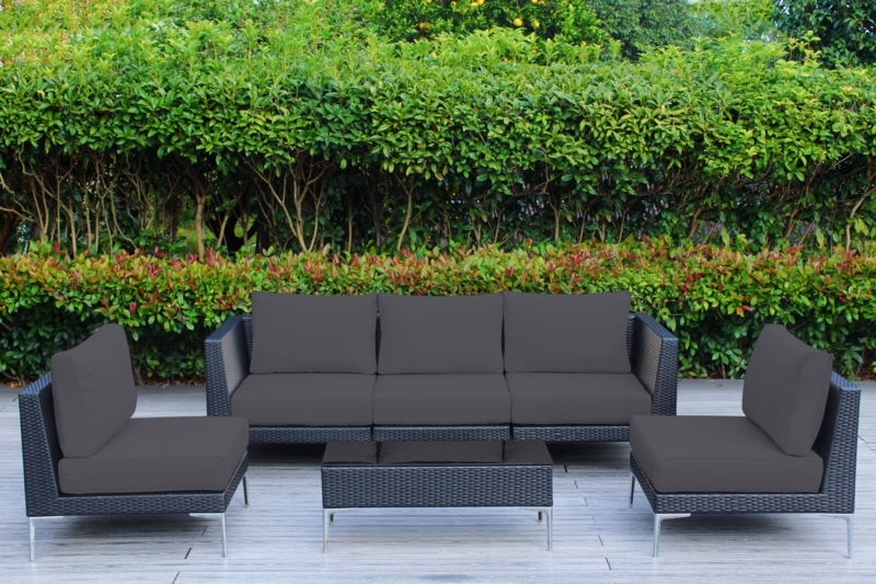 Sectional Sofa Navy Blue Woven Wicker L-Shaped Thick Cushions