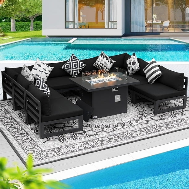 Sectional Sofa U Shaped Dark Grey Aluminum Fire Pit Table Set