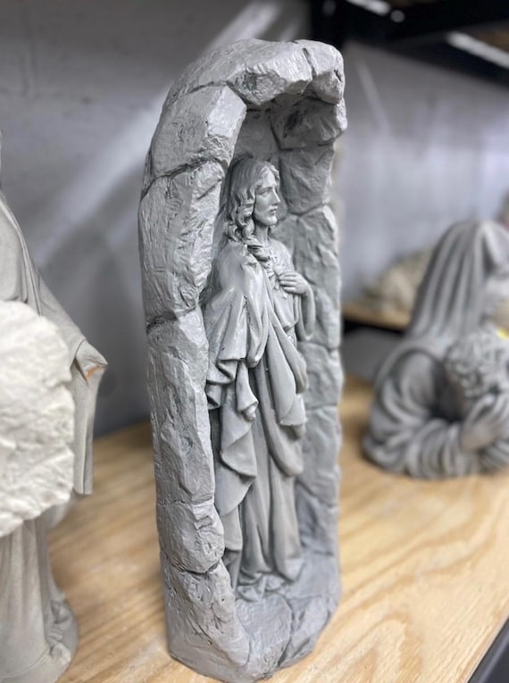 Serene Outdoor Religious Garden Sculpture, Speckled Concrete Grotto.