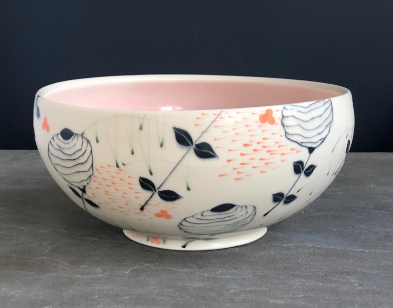 Serving Bowl, Abstract Contour Floral Pink Interior, Decorative Bowl