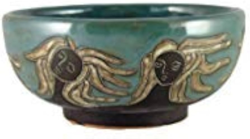 Serving Bowl, Abstract Face Motif Slate Blue Stoneware, Boho Chic