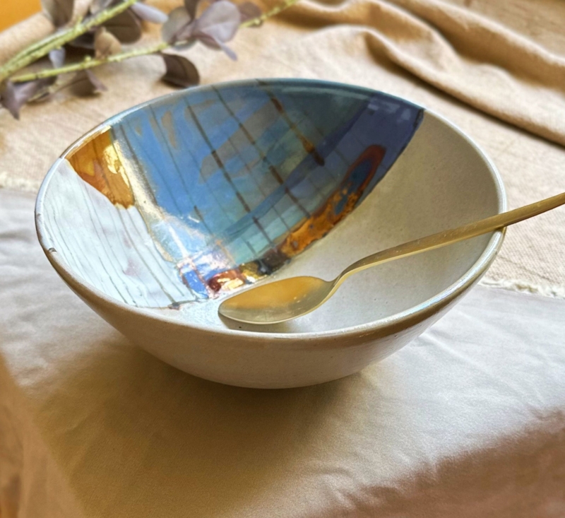 Serving Bowl, Blonde Wood Tone Wavy Rim, Organic Modern Bowl