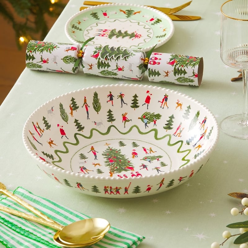 Serving Bowl, Botanical Rim with Gold Edge and Festive Text