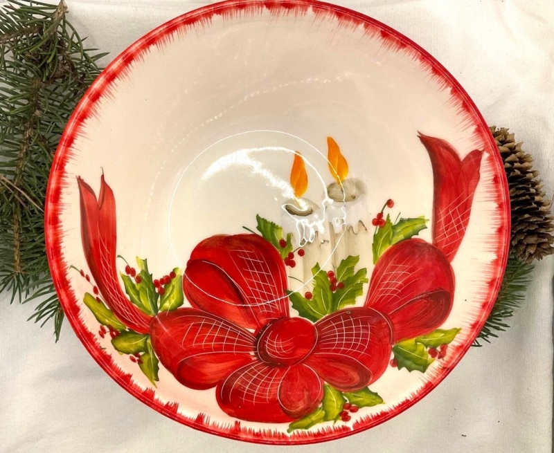Serving Bowl, Christmas Tree Design with Red Bow Motif, Centerpiece