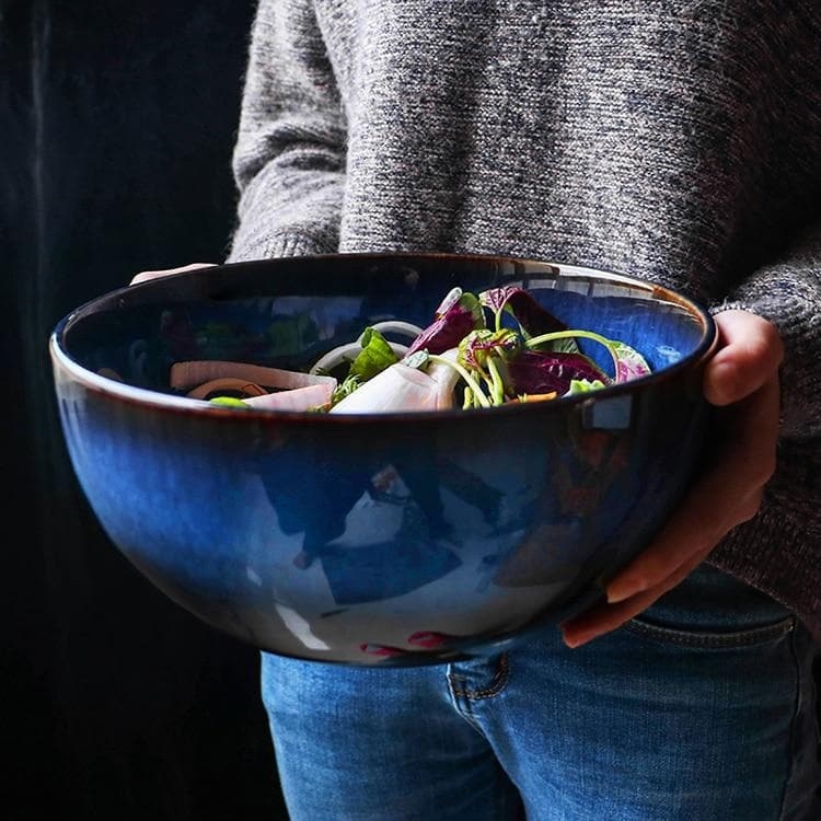 Serving Bowl featuring Indigo Glaze and Concentric Ribbing Texture