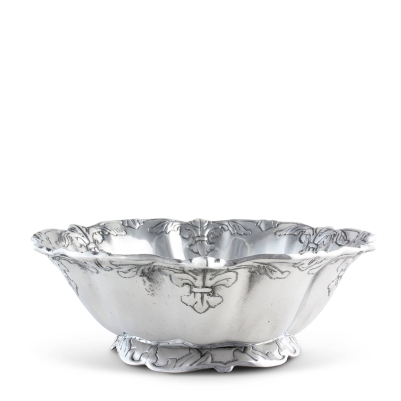 Serving Bowl Fleur de Lis Polished Metal Scalloped Rim French Country