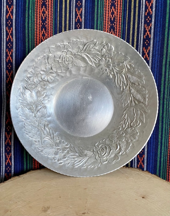 Serving Bowl Forged Aluminum Rose Embossed Vintage Farmhouse