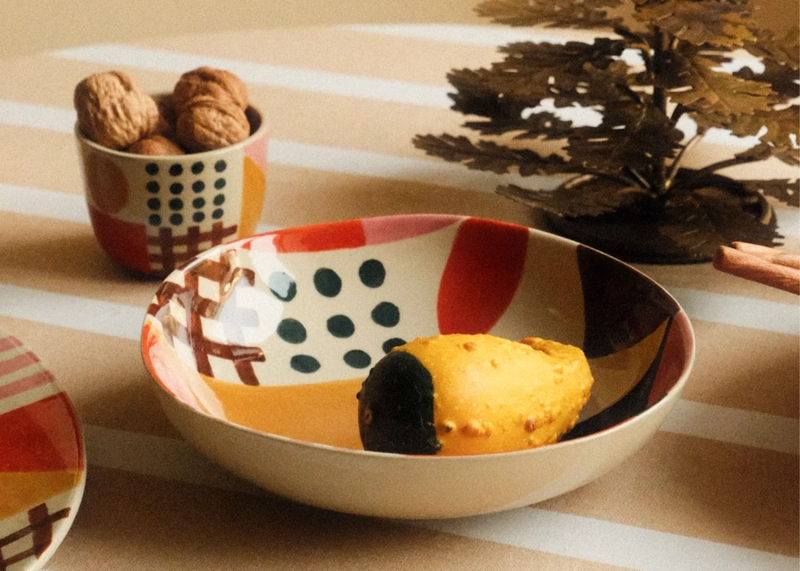 Serving Bowl, Hand-Painted Geometric Motifs Stoneware, Whimsical Bowl