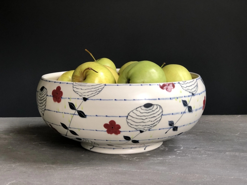 Serving Bowl, Horizontal Bands Floral Pattern, Hand-Painted Pottery