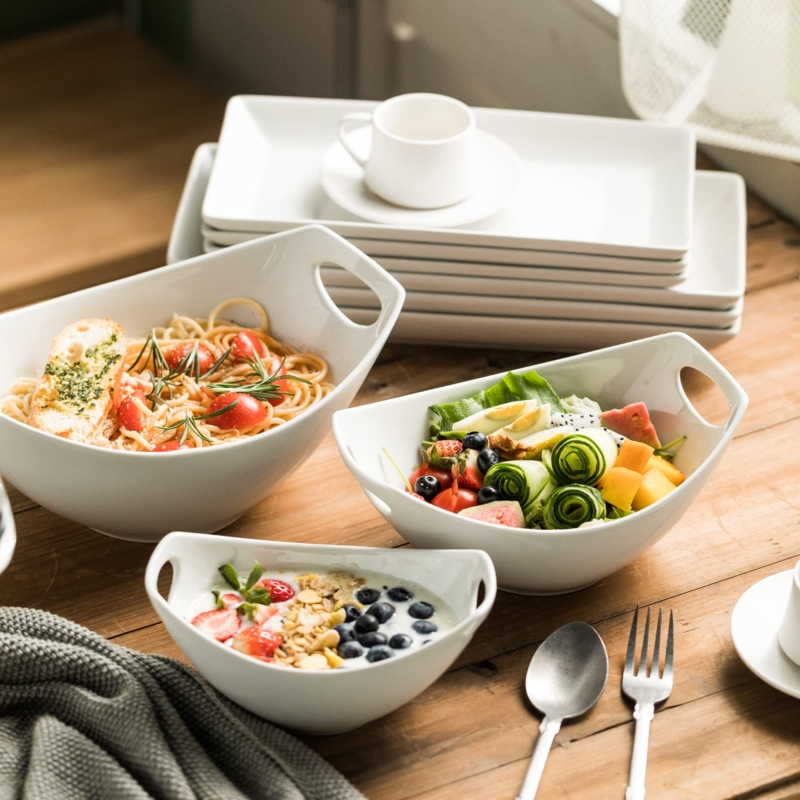 Serving Bowl Integrated Handles White Porcelain Glossy Nesting Set