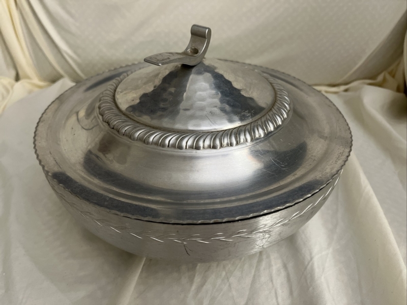Serving Bowl Lidded Hammered Aluminum Floral Finial Artisanal