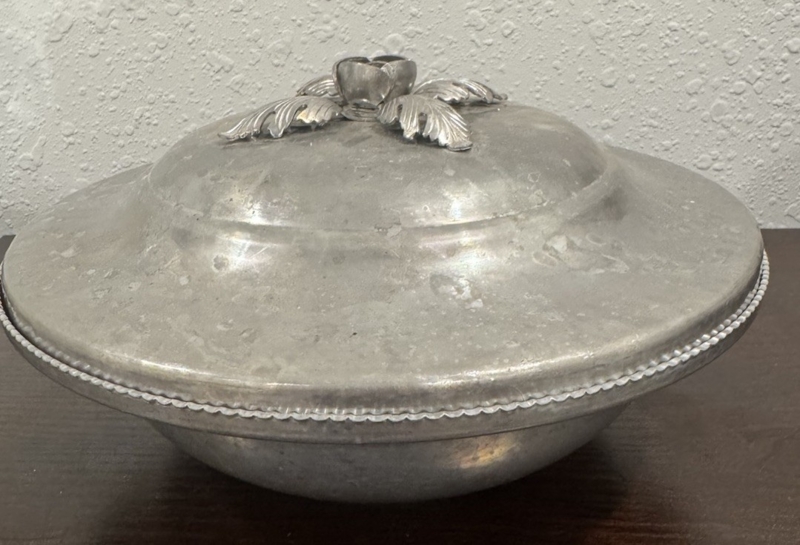 Serving Bowl Lidded Scalloped Rim Hammered Aluminum Mid-Century
