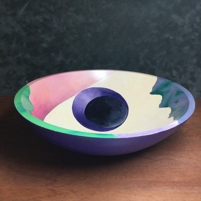 Serving Bowl, Natural Wood Exterior, Hand Painted Abstract Artisan