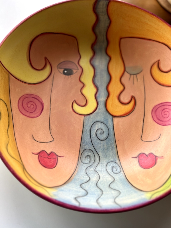 Serving Bowl, Post Modern Hand Painted Faces, Artistic Centerpiece