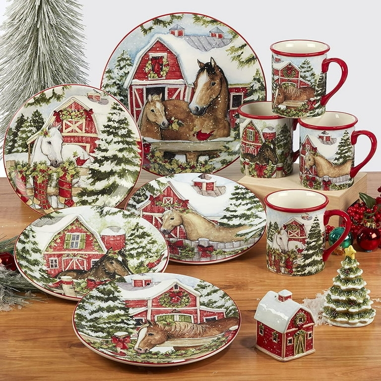 Serving Bowl, Red Barn Motif with Cardinal Accents, Farmhouse Style