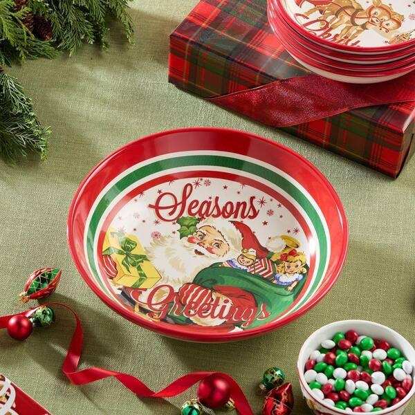 Serving Bowl, Retro Santa Pattern with Glossy Ceramic Finish