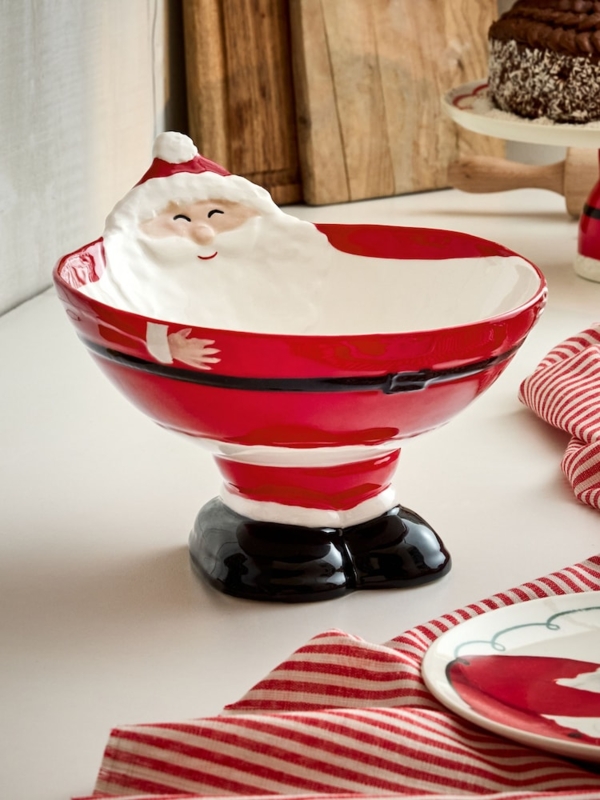 Serving Bowl, Santa Claus Theme with Textured White Trim, Belt Buckle
