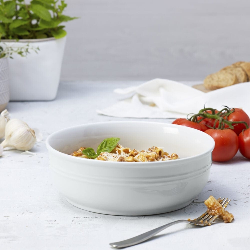 Serving Bowl Satin White Glaze with Horizontal Banded Ridges