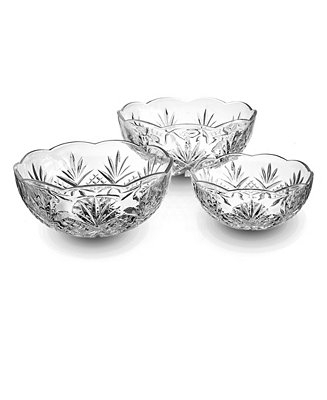 Serving Bowl Set 3-Piece Crystal Diamond Cut Scalloped Rim Nested