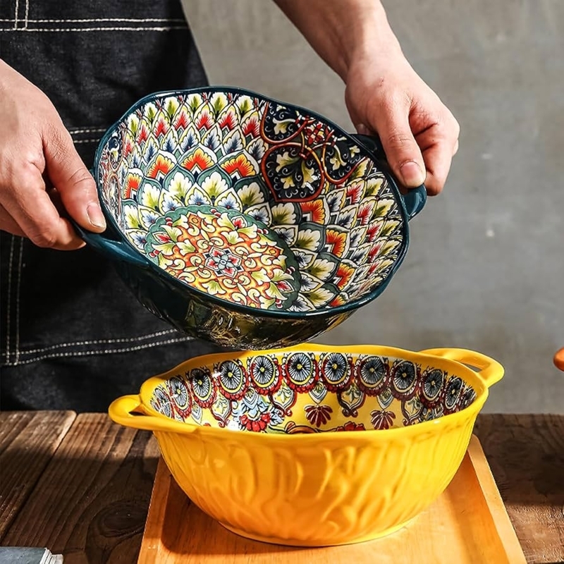 Serving Bowl Set Boho Ceramic Floral Embossed with Handles