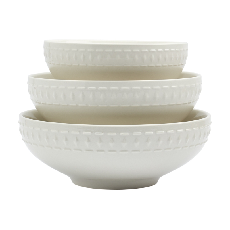 Serving Bowl Set, Embossed Floral Pattern. White Embossed Serving Bowl Set.