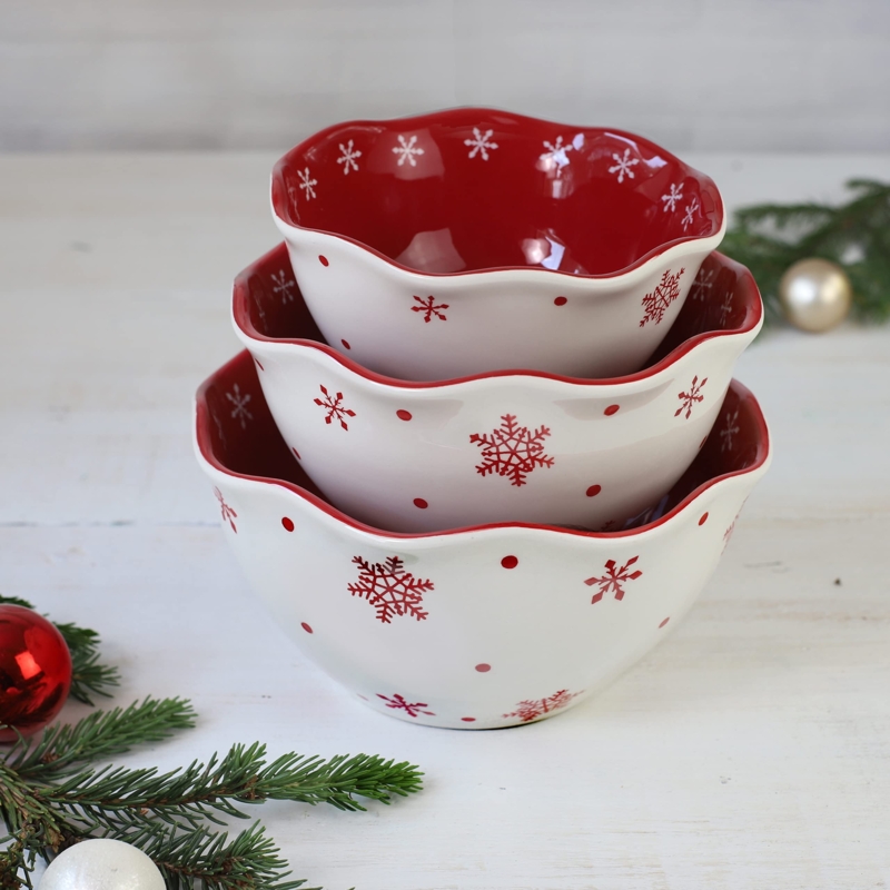 Serving Bowl Set, Nesting Design with Snowflake Motif and Red Rim