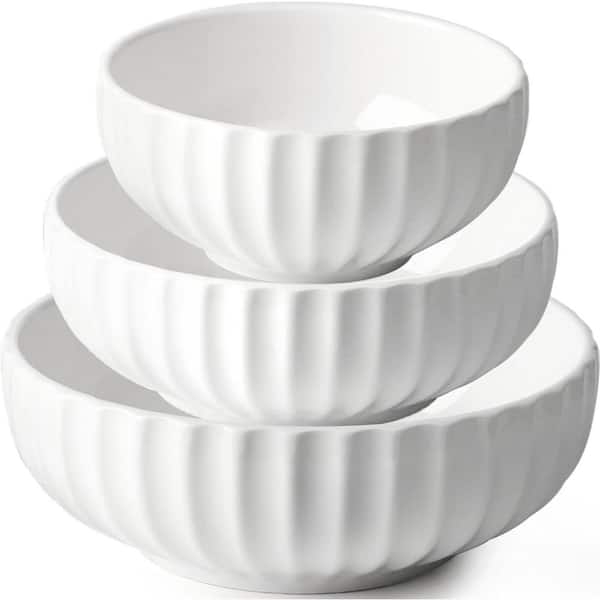 Serving Bowl Set White Ceramic Nesting Flared Rim