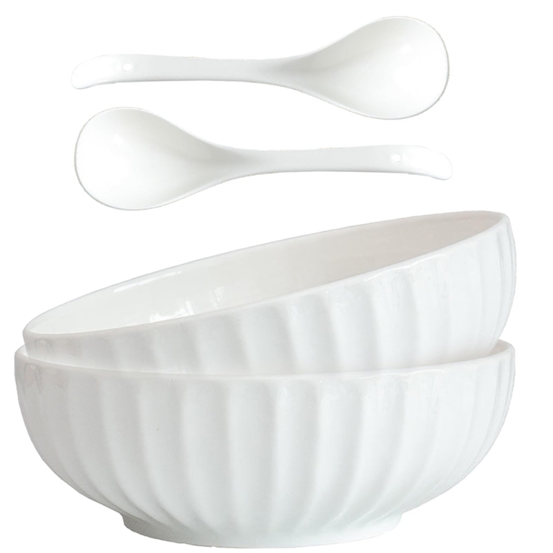 Serving Bowl Set with Wooden Spoons, White Ribbed Pumpkin