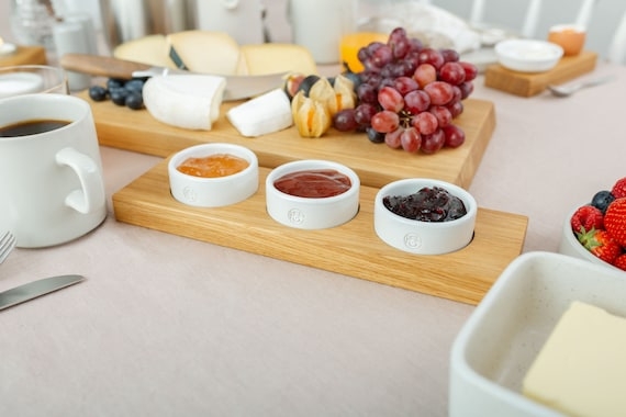 Serving Bowl Set Wood Tray Ceramic Bowls Leather Strap Minimalist