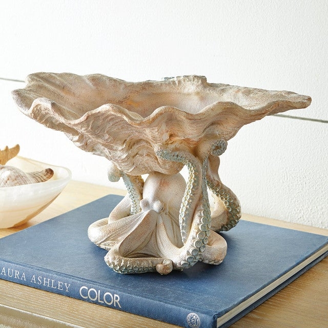 Serving Bowl Shell Shape Blue Octopus Motif Glossy Nautical Decor