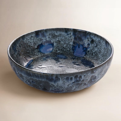 Serving Bowl Speckled Glaze Off-White Ceramic Dark Rim Shallow Profile