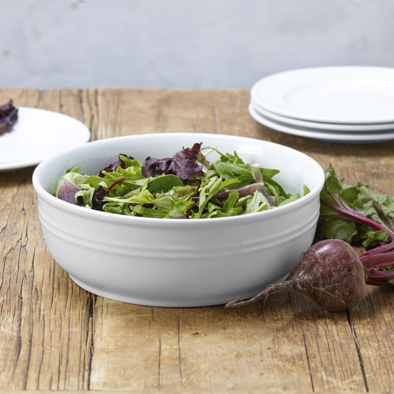 Serving Bowl White Glossy Ceramic with Bistro Style Flared Rim