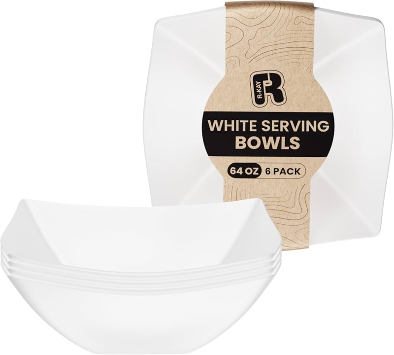 Serving Bowl White Plastic Square Flared Rim Deep Basin Minimalist