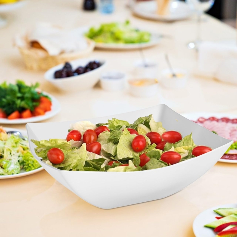 Serving Bowl White Plastic Square Shape Flared Rim Glossy Salad Set