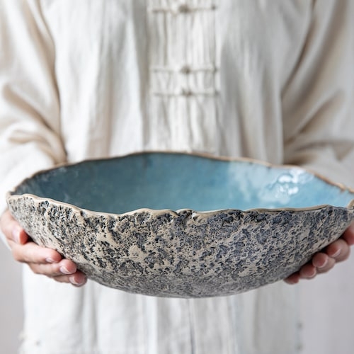 Serving Bowl with Artisanal Marbled Glaze and Organic Handmade Rim