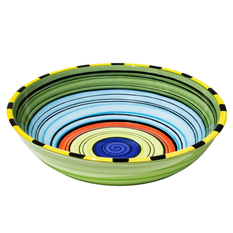 Serving Bowl with Multi-Colored Striped Rim, Extra Large