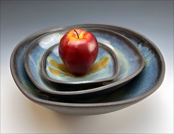 Serving Bowls, Nested Set Horizon Blue Glaze, Handcrafted Ceramic