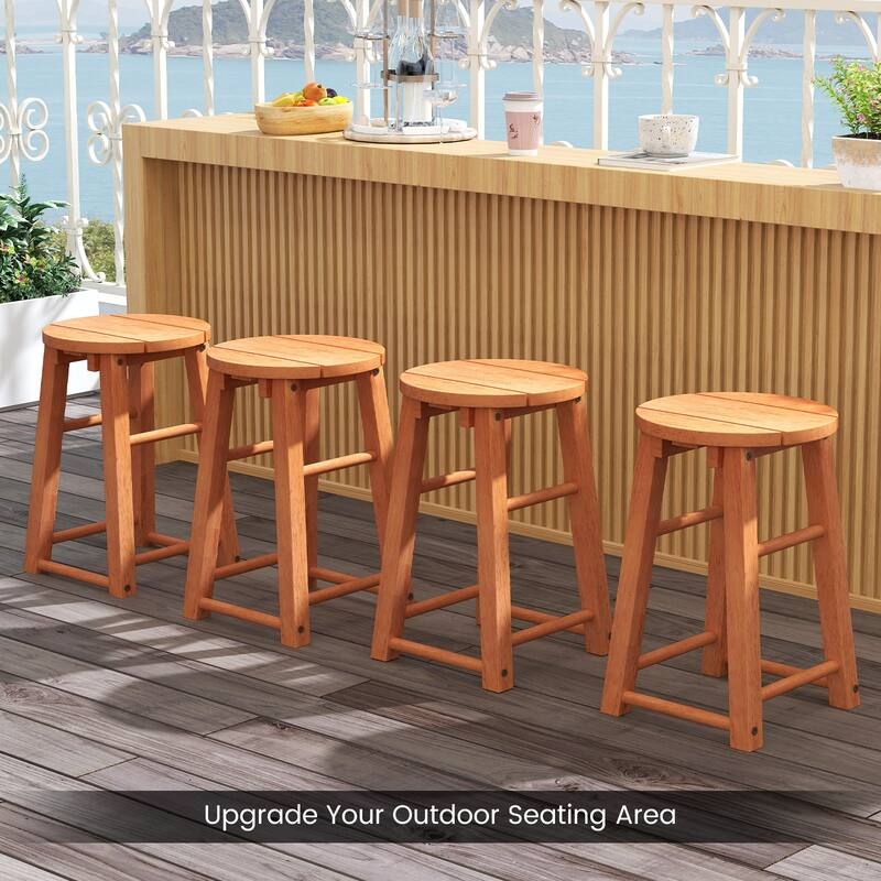 Set of 2 Backless Wood Bar Stools with Square Footrest, Rustic Style