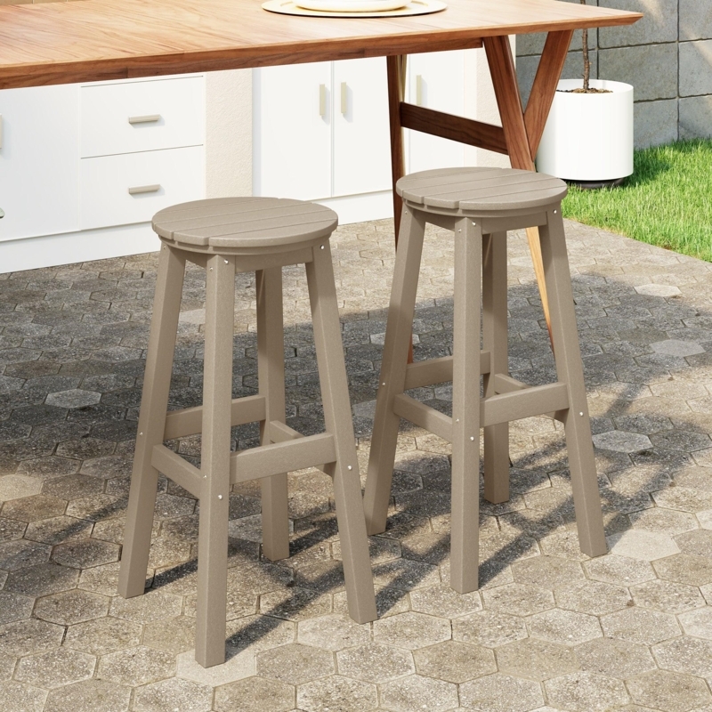 Set of 2 Gray Poly Lumber Bar Stools with Round Slatted Seats