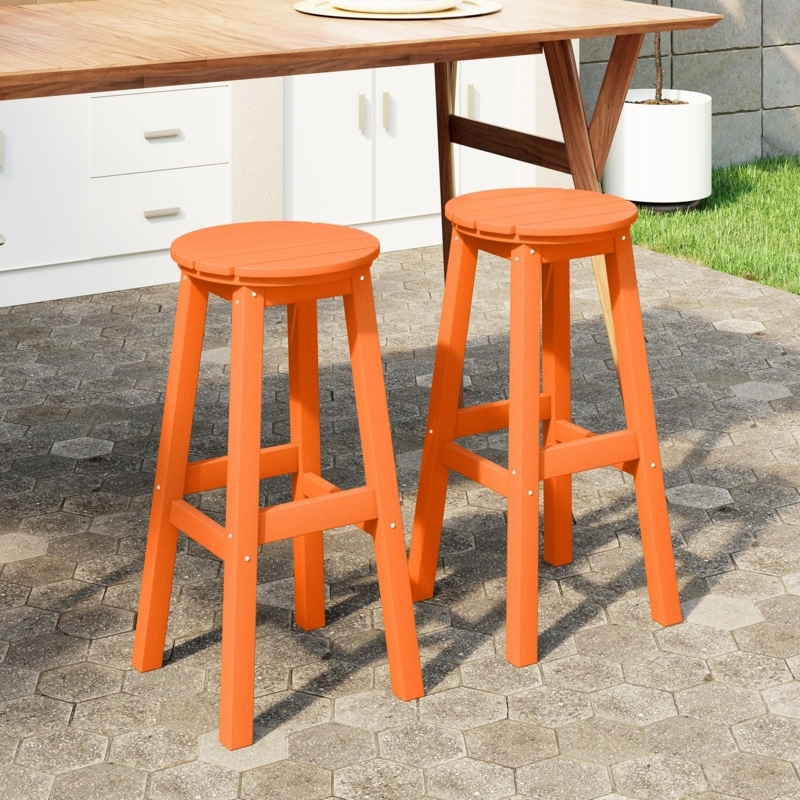 Set of 2 Grey HDPE Bar Stools with Unique Tripod Base and Slat Top